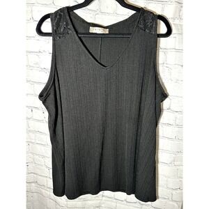 Misia Curvy Womens 3X Black Ribbed V-Neck Lace Shoulder Tank Top RT3010X